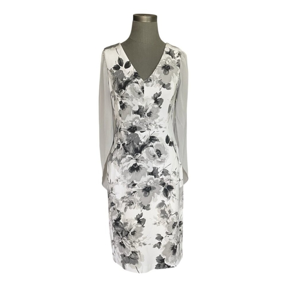 $258 Joseph Ribkoff White Grey Floral Cape Shoulder Dress Women’s Size 10 - Picture 5 of 9